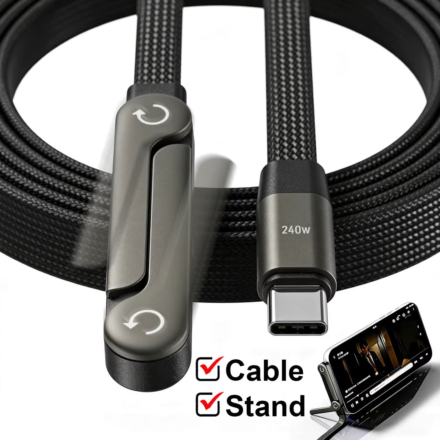 240W Type-C to Type C Cable Elbow Fast Charging Data Cable Foldable Stand Phone Holder for Iphone 17/16/15 for Samsung Charger